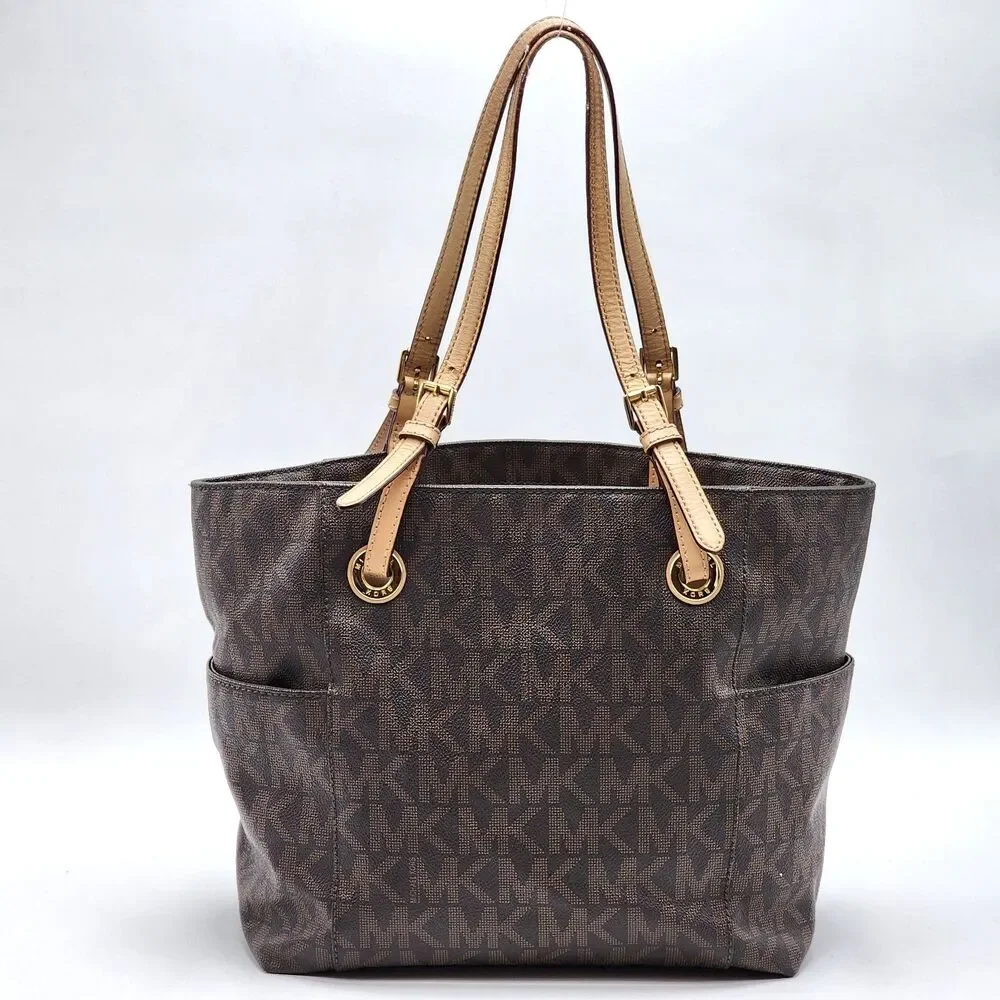 Michael Kors Coated Canvas Monogram MK Leather Trim Large Tote Bag Brown